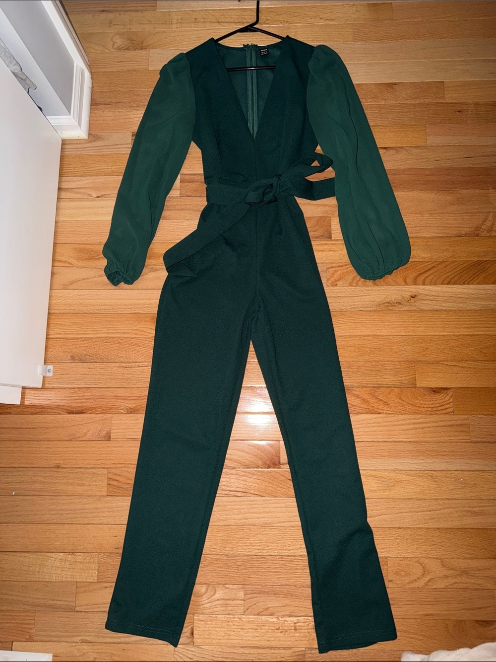 SHEIN Forest Green V-Neck Long Sleeve Jumpsuit with Tie Waist